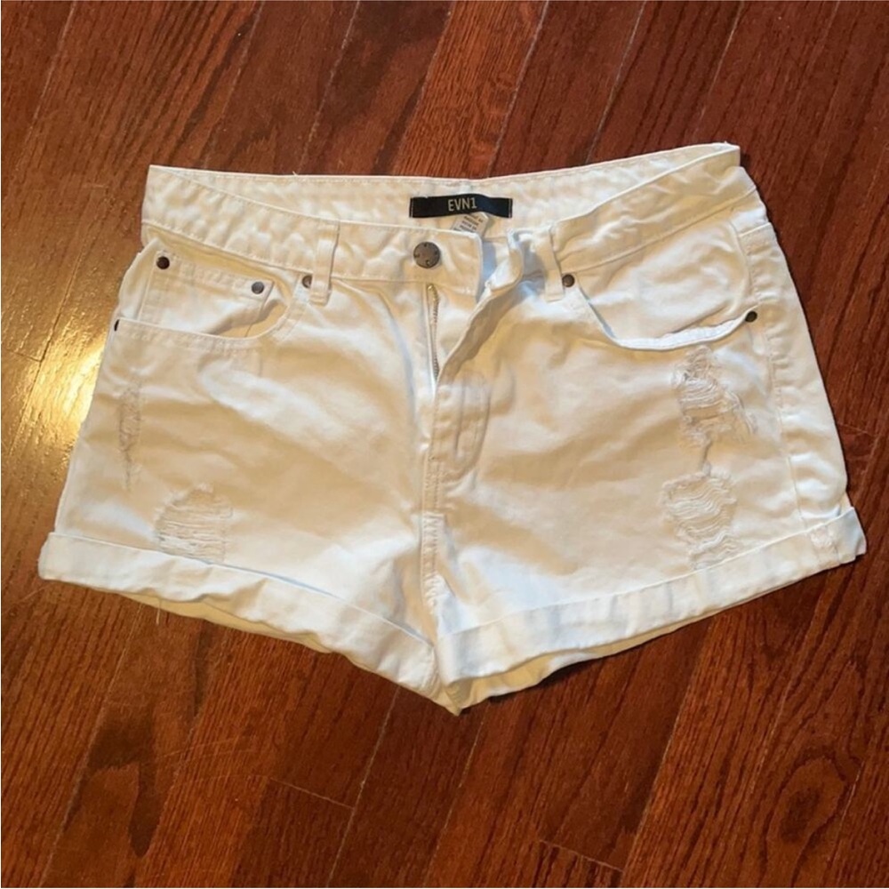 EVN1 Distressed White Shorts